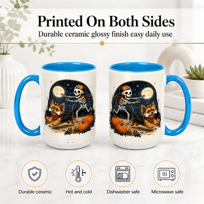 #pl[15oz|Blue] Midnight Yorkie Skeleton Ceramic Mug, Halloween Art for Dog Lovers