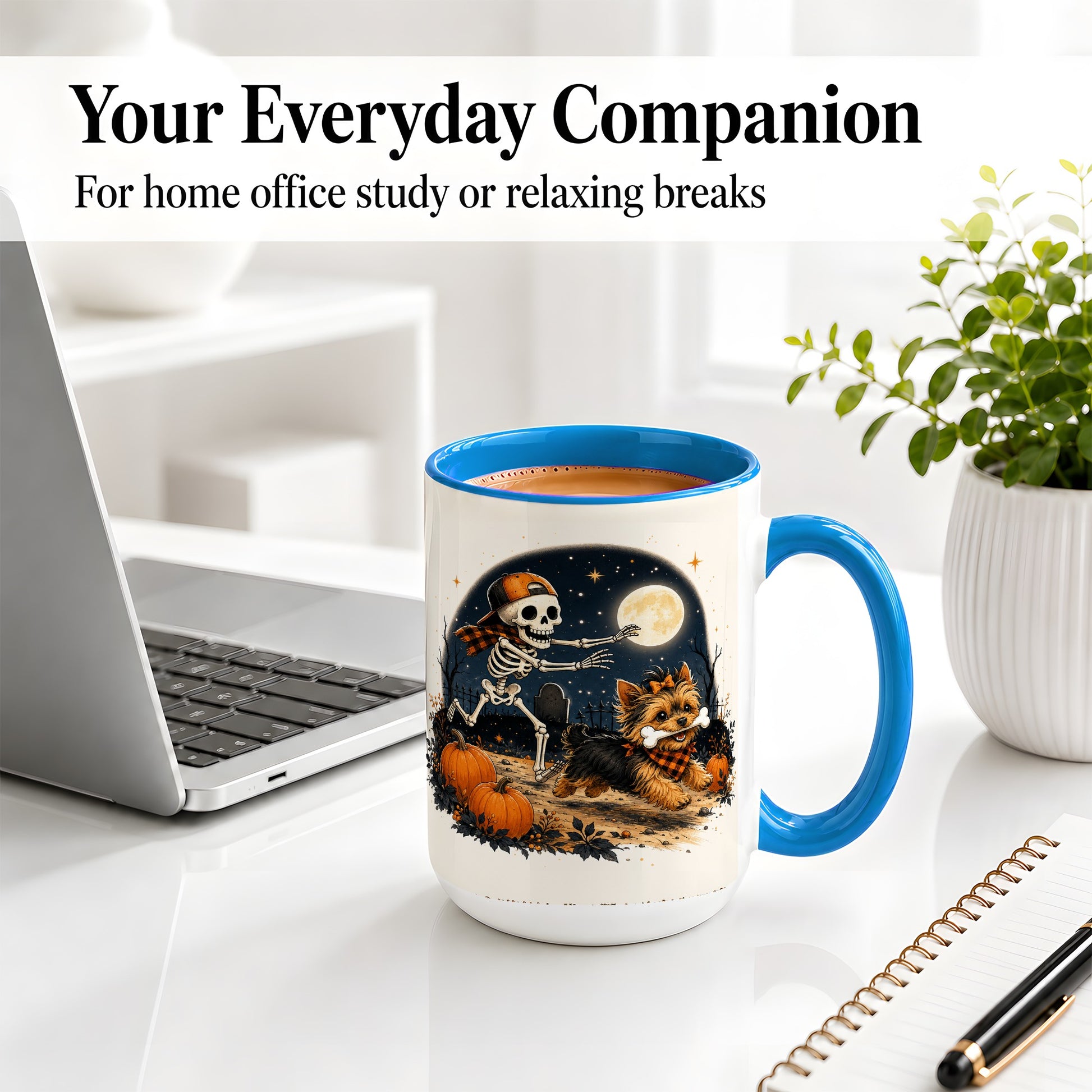 #pl[15oz|Blue] Midnight Yorkie Skeleton Ceramic Mug, Halloween Art for Dog Lovers