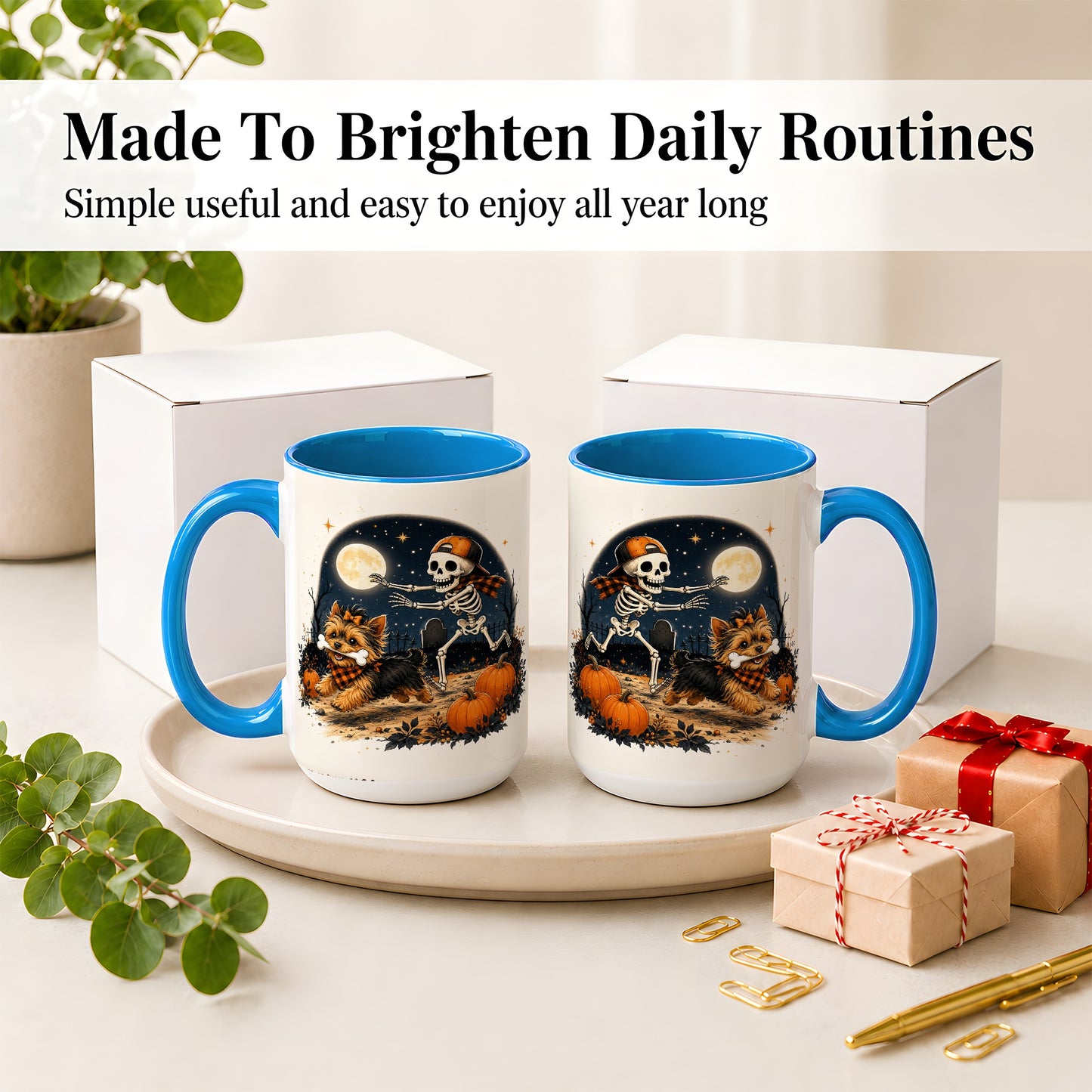 #pl[15oz|Blue] Midnight Yorkie Skeleton Ceramic Mug, Halloween Art for Dog Lovers