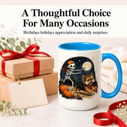 #pl[15oz|Blue] Midnight Yorkie Skeleton Ceramic Mug, Halloween Art for Dog Lovers