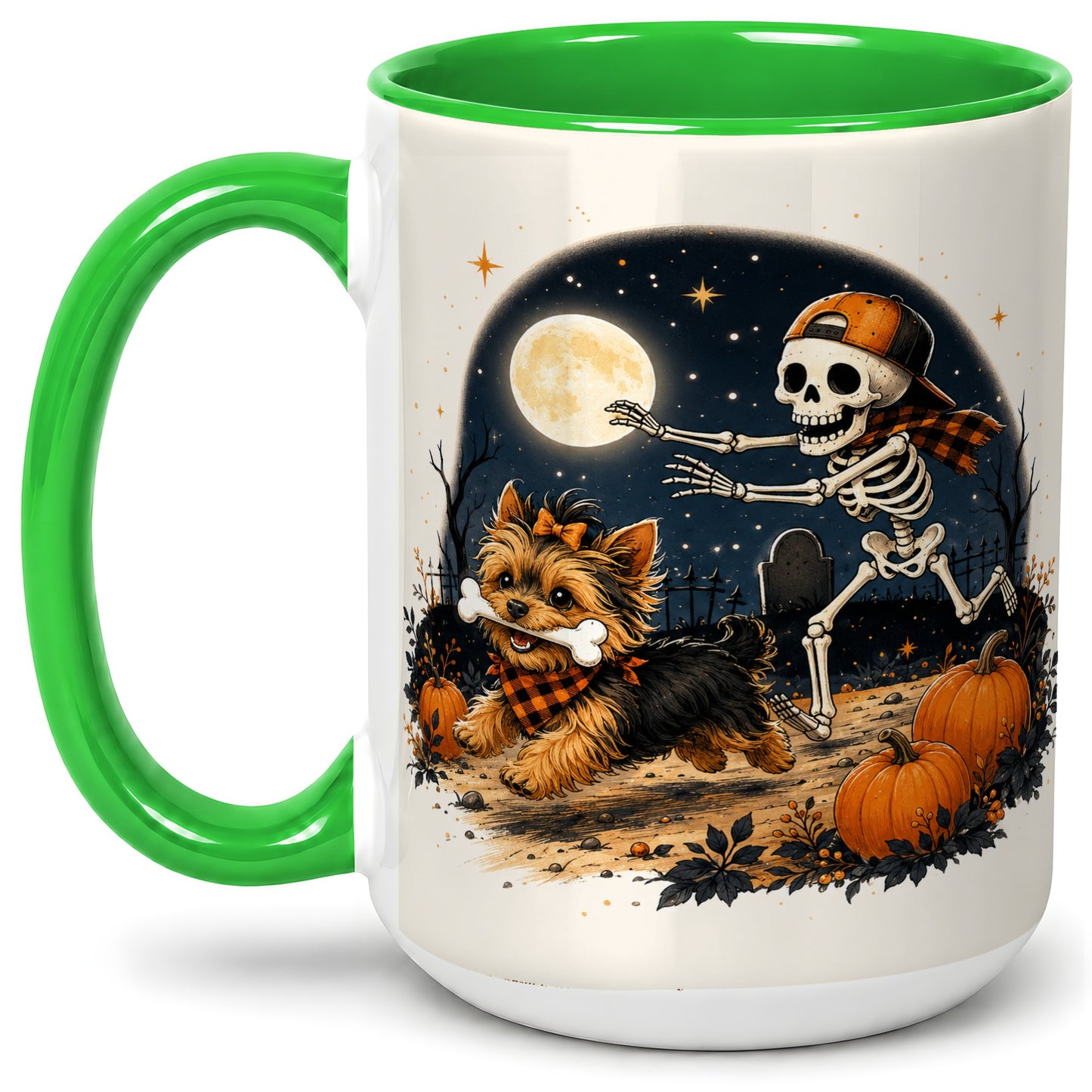 #pl[15oz|Green] Midnight Yorkie Skeleton Ceramic Mug, Halloween Art for Dog Lovers
