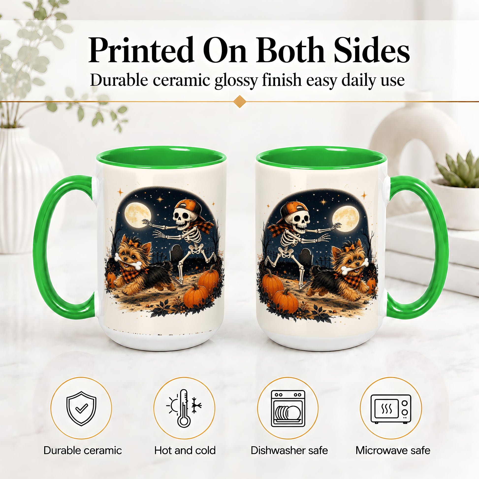#pl[15oz|Green] Midnight Yorkie Skeleton Ceramic Mug, Halloween Art for Dog Lovers