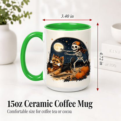 #pl[15oz|Green] Midnight Yorkie Skeleton Ceramic Mug, Halloween Art for Dog Lovers