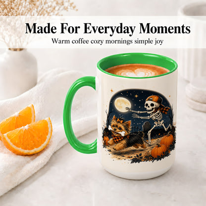 #pl[15oz|Green] Midnight Yorkie Skeleton Ceramic Mug, Halloween Art for Dog Lovers