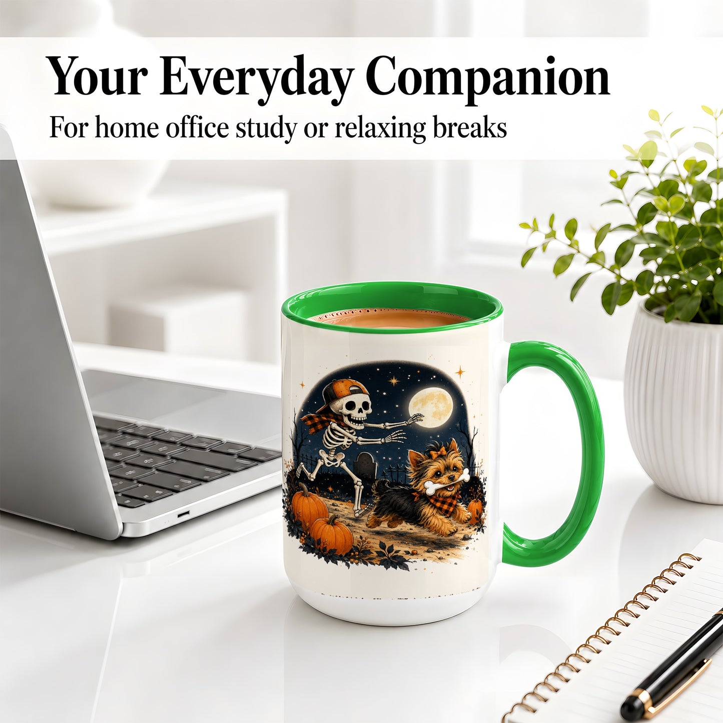 #pl[15oz|Green] Midnight Yorkie Skeleton Ceramic Mug, Halloween Art for Dog Lovers