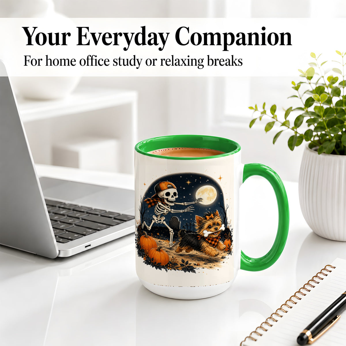 #pl[15oz|Green] Midnight Yorkie Skeleton Ceramic Mug, Halloween Art for Dog Lovers