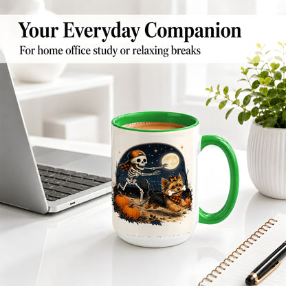 #pl[15oz|Green] Midnight Yorkie Skeleton Ceramic Mug, Halloween Art for Dog Lovers