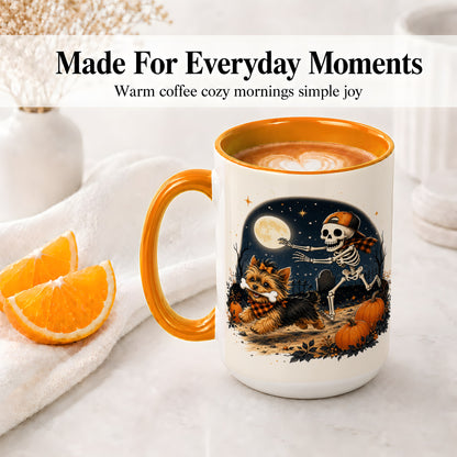 #pl[15oz|Orange] Midnight Yorkie Skeleton Ceramic Mug, Halloween Art for Dog Lovers