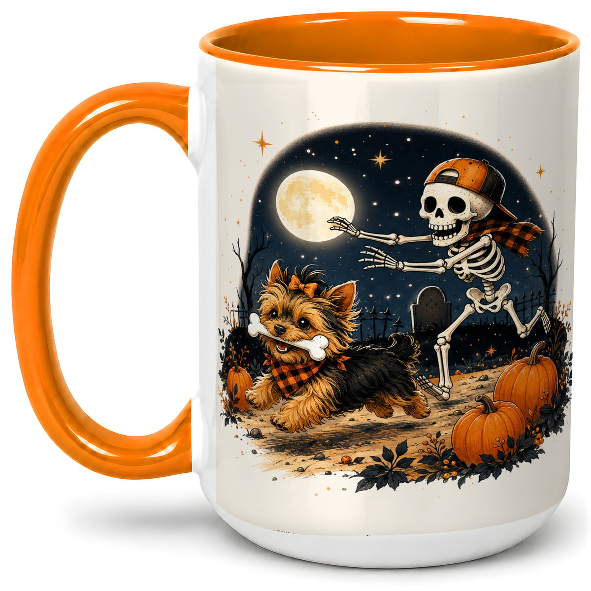#pl[15oz|Orange] Midnight Yorkie Skeleton Ceramic Mug, Halloween Art for Dog Lovers