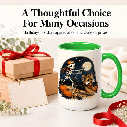 #pl[15oz|Green] Midnight Yorkie Skeleton Ceramic Mug, Halloween Art for Dog Lovers