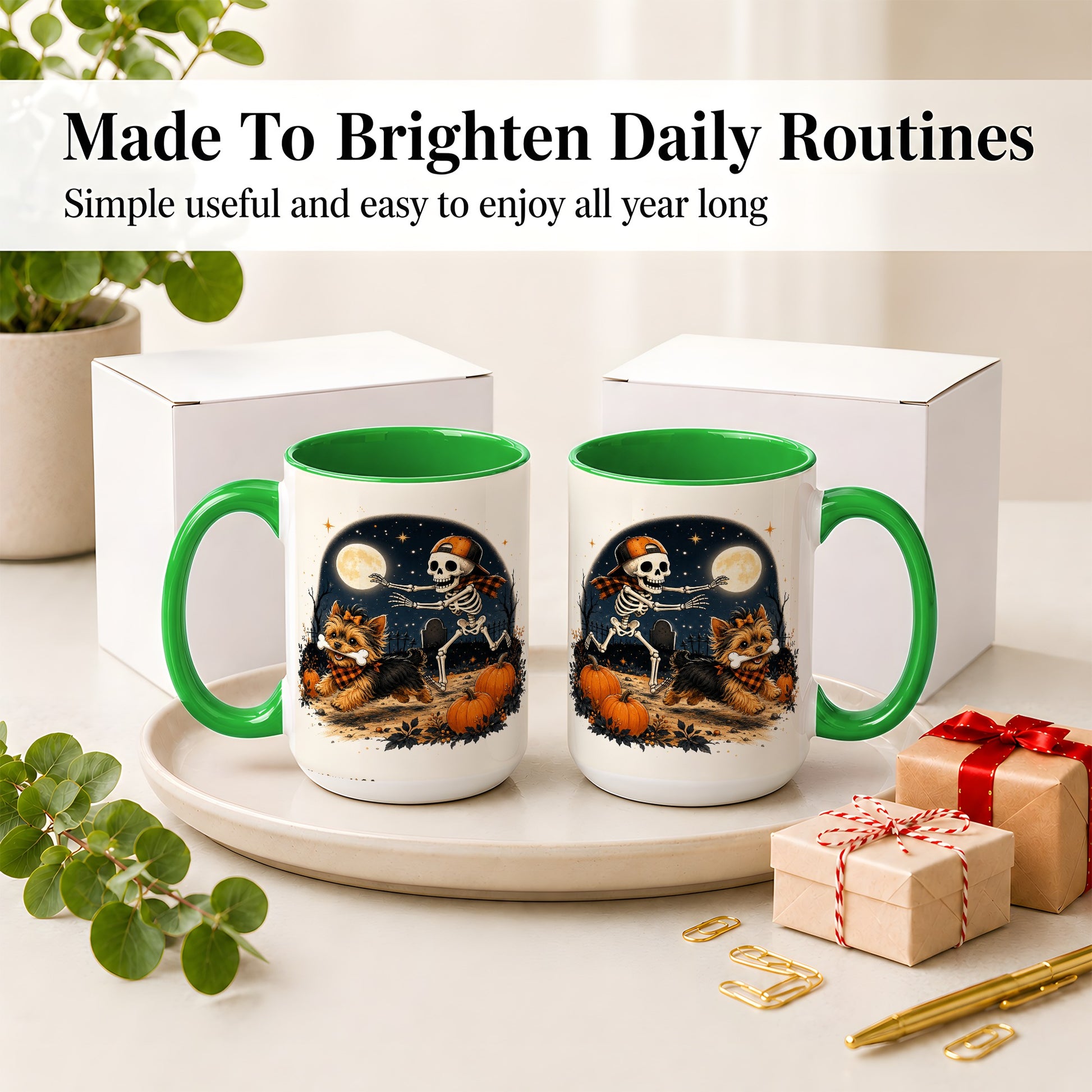 #pl[15oz|Green] Midnight Yorkie Skeleton Ceramic Mug, Halloween Art for Dog Lovers
