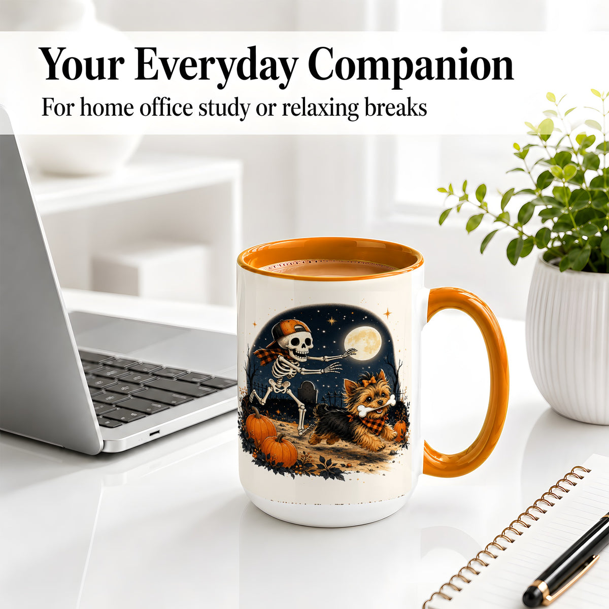 #pl[15oz|Orange] Midnight Yorkie Skeleton Ceramic Mug, Halloween Art for Dog Lovers