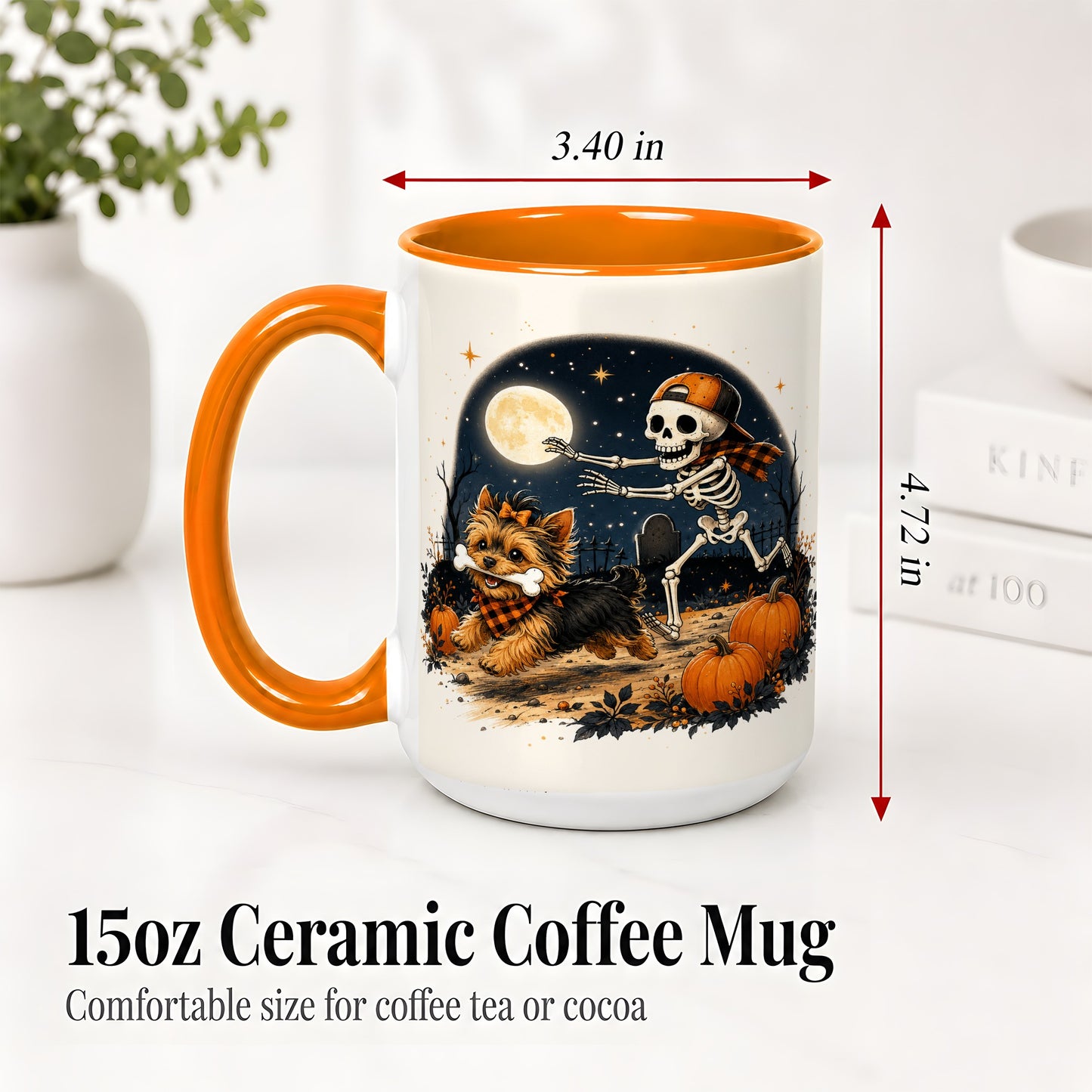 #pl[15oz|Orange] Midnight Yorkie Skeleton Ceramic Mug, Halloween Art for Dog Lovers