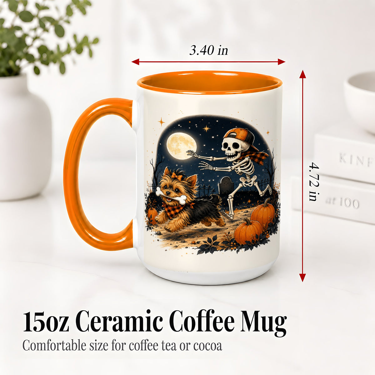 #pl[15oz|Orange] Midnight Yorkie Skeleton Ceramic Mug, Halloween Art for Dog Lovers