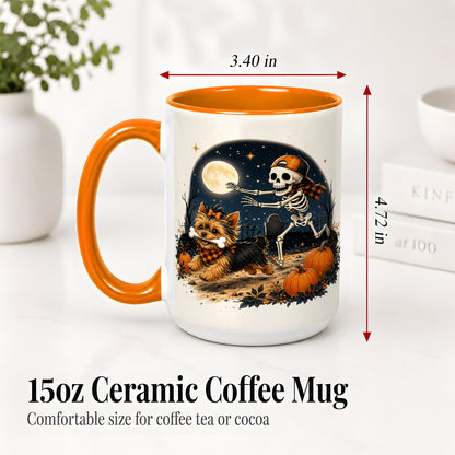 #pl[15oz|Orange] Midnight Yorkie Skeleton Ceramic Mug, Halloween Art for Dog Lovers