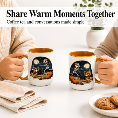 #pl[15oz|Orange] Midnight Yorkie Skeleton Ceramic Mug, Halloween Art for Dog Lovers