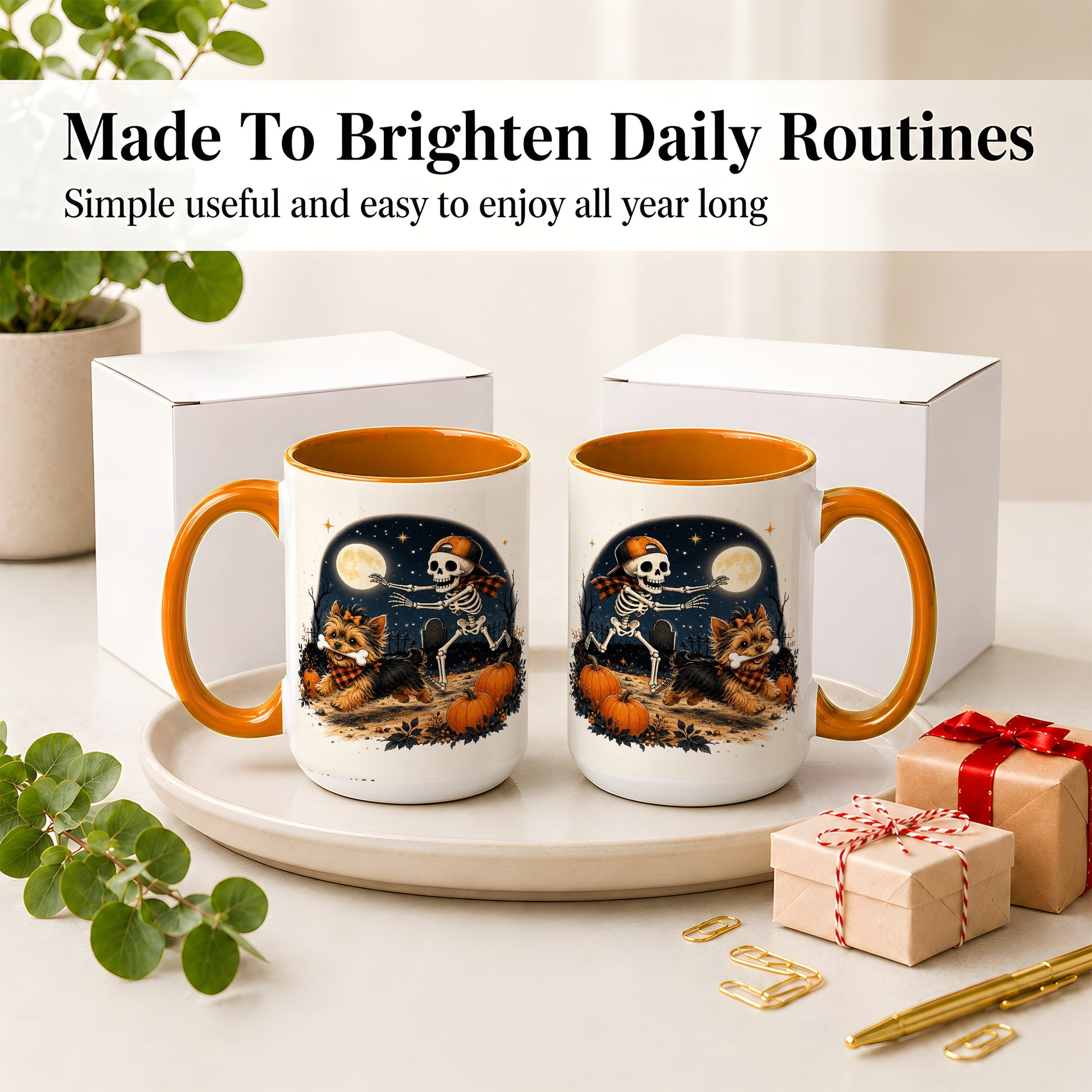 #pl[15oz|Orange] Midnight Yorkie Skeleton Ceramic Mug, Halloween Art for Dog Lovers