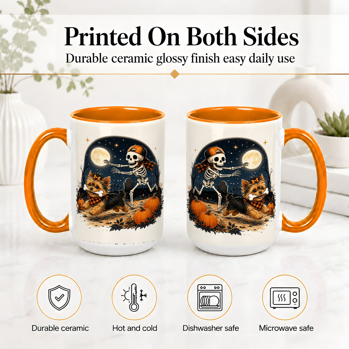 #pl[15oz|Orange] Midnight Yorkie Skeleton Ceramic Mug, Halloween Art for Dog Lovers