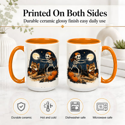 #pl[15oz|Orange] Midnight Yorkie Skeleton Ceramic Mug, Halloween Art for Dog Lovers