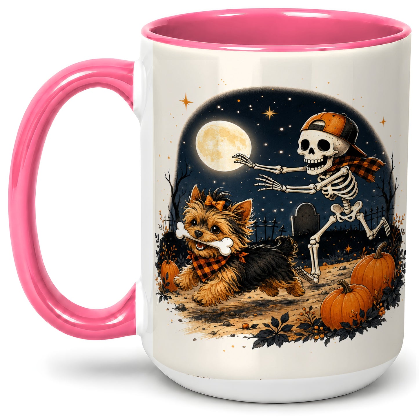 #pl[15oz|Pink] Midnight Yorkie Skeleton Ceramic Mug, Halloween Art for Dog Lovers
