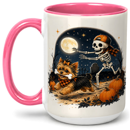 #pl[15oz|Pink] Midnight Yorkie Skeleton Ceramic Mug, Halloween Art for Dog Lovers
