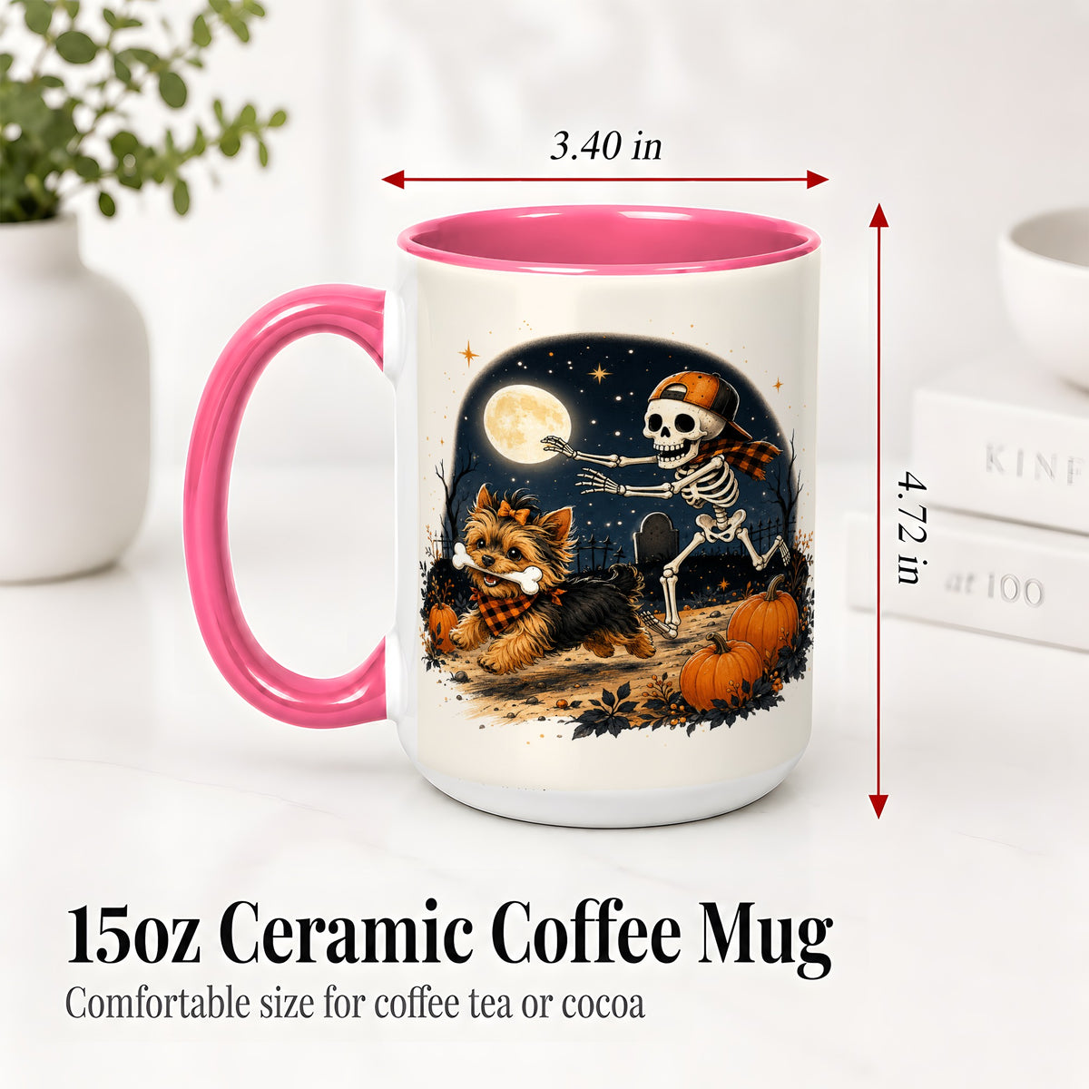 #pl[15oz|Pink] Midnight Yorkie Skeleton Ceramic Mug, Halloween Art for Dog Lovers