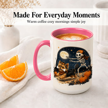 #pl[15oz|Pink] Midnight Yorkie Skeleton Ceramic Mug, Halloween Art for Dog Lovers