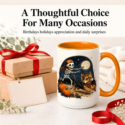 #pl[15oz|Orange] Midnight Yorkie Skeleton Ceramic Mug, Halloween Art for Dog Lovers