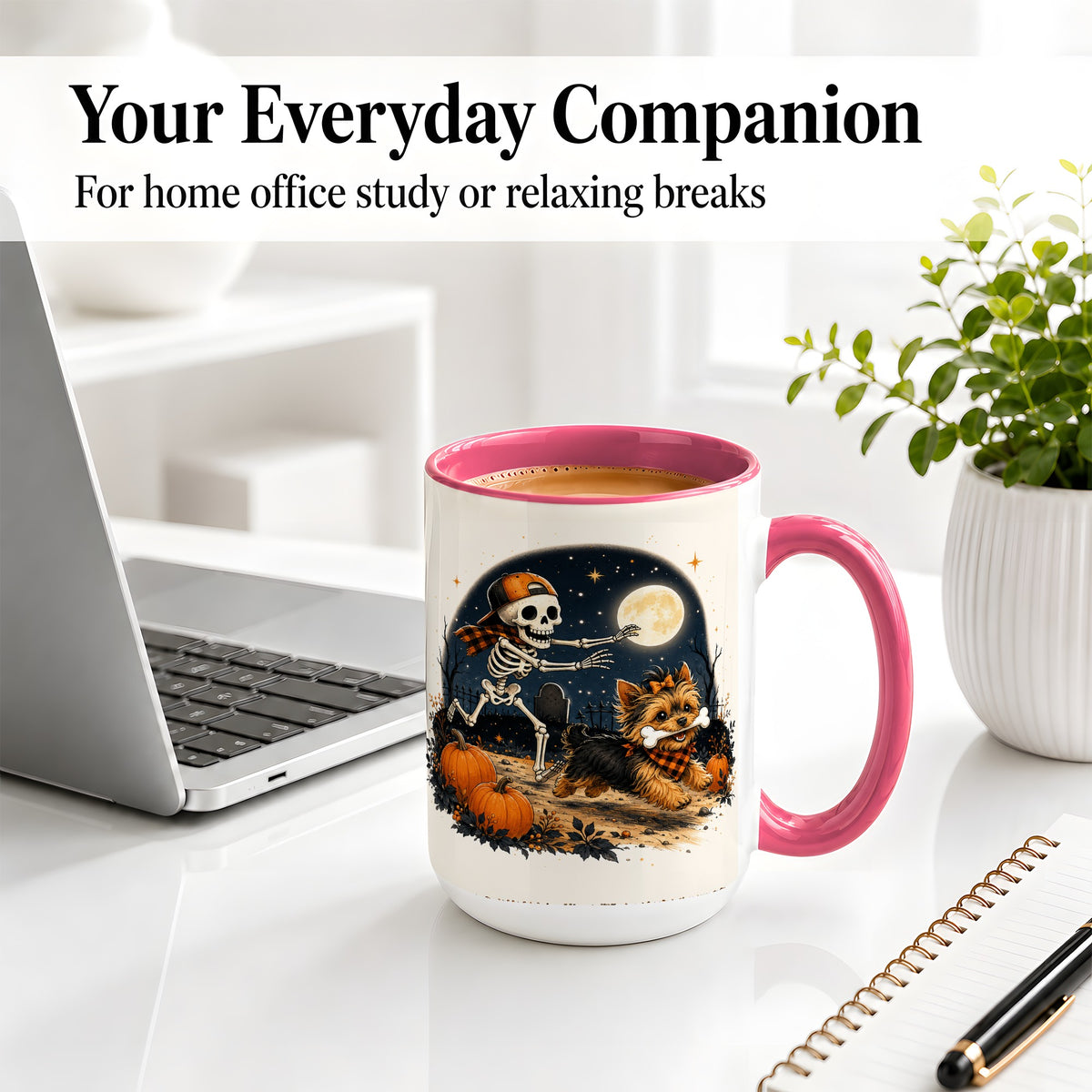 #pl[15oz|Pink] Midnight Yorkie Skeleton Ceramic Mug, Halloween Art for Dog Lovers