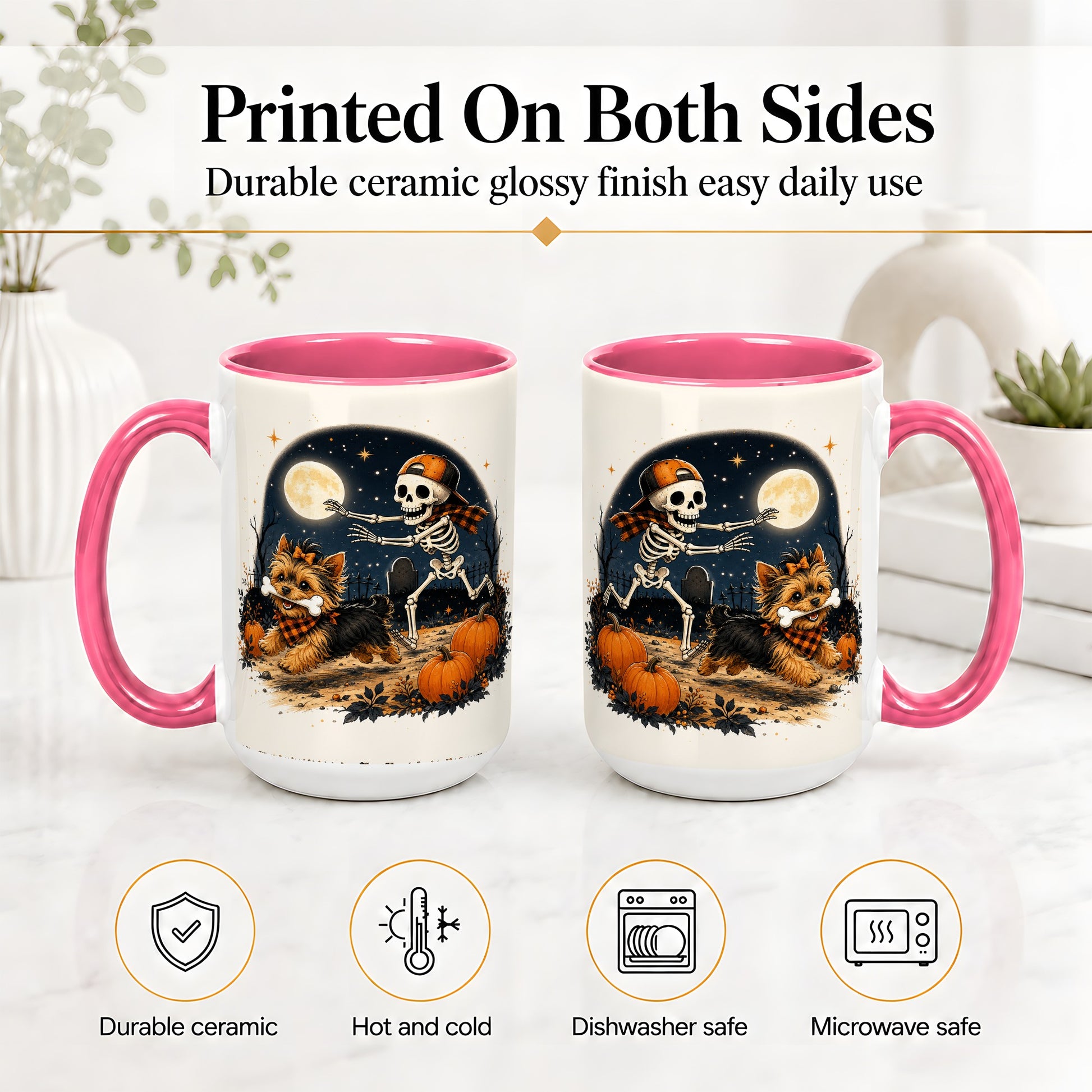 #pl[15oz|Pink] Midnight Yorkie Skeleton Ceramic Mug, Halloween Art for Dog Lovers