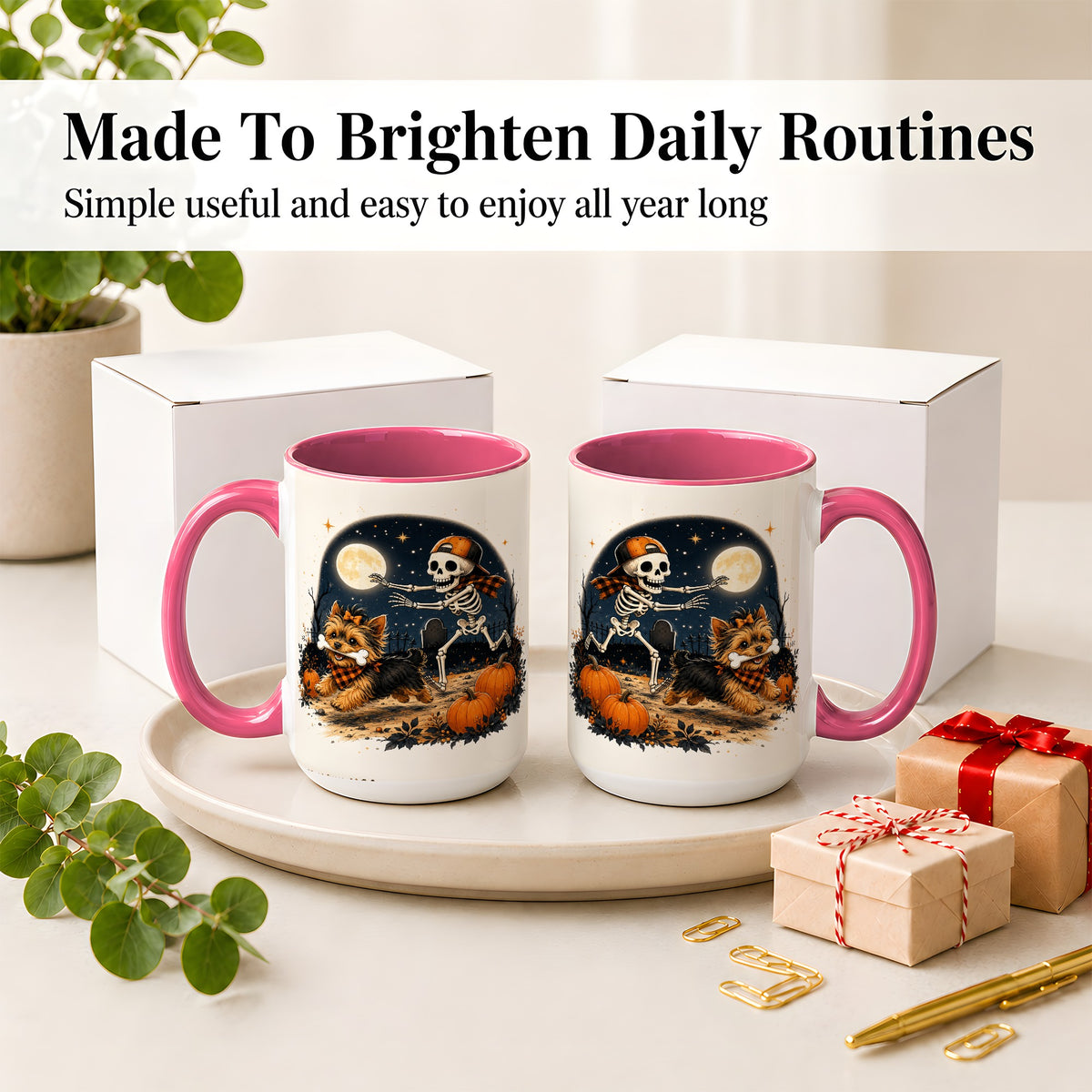 #pl[15oz|Pink] Midnight Yorkie Skeleton Ceramic Mug, Halloween Art for Dog Lovers
