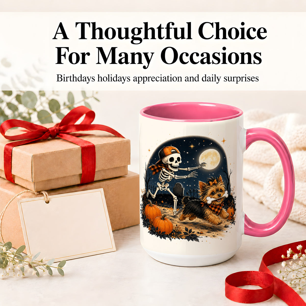 #pl[15oz|Pink] Midnight Yorkie Skeleton Ceramic Mug, Halloween Art for Dog Lovers