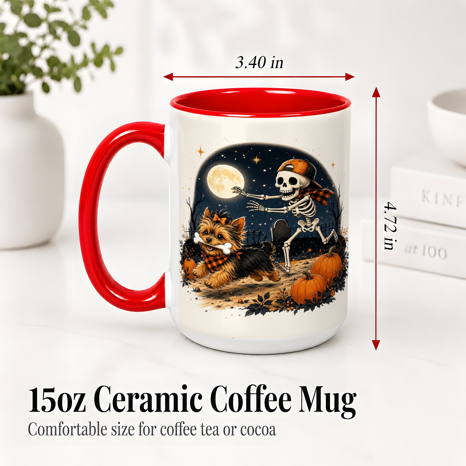 #pl[15oz|Red] Midnight Yorkie Skeleton Ceramic Mug, Halloween Art for Dog Lovers