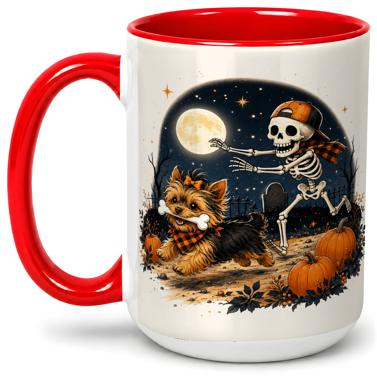 #pl[15oz|Red] Midnight Yorkie Skeleton Ceramic Mug, Halloween Art for Dog Lovers