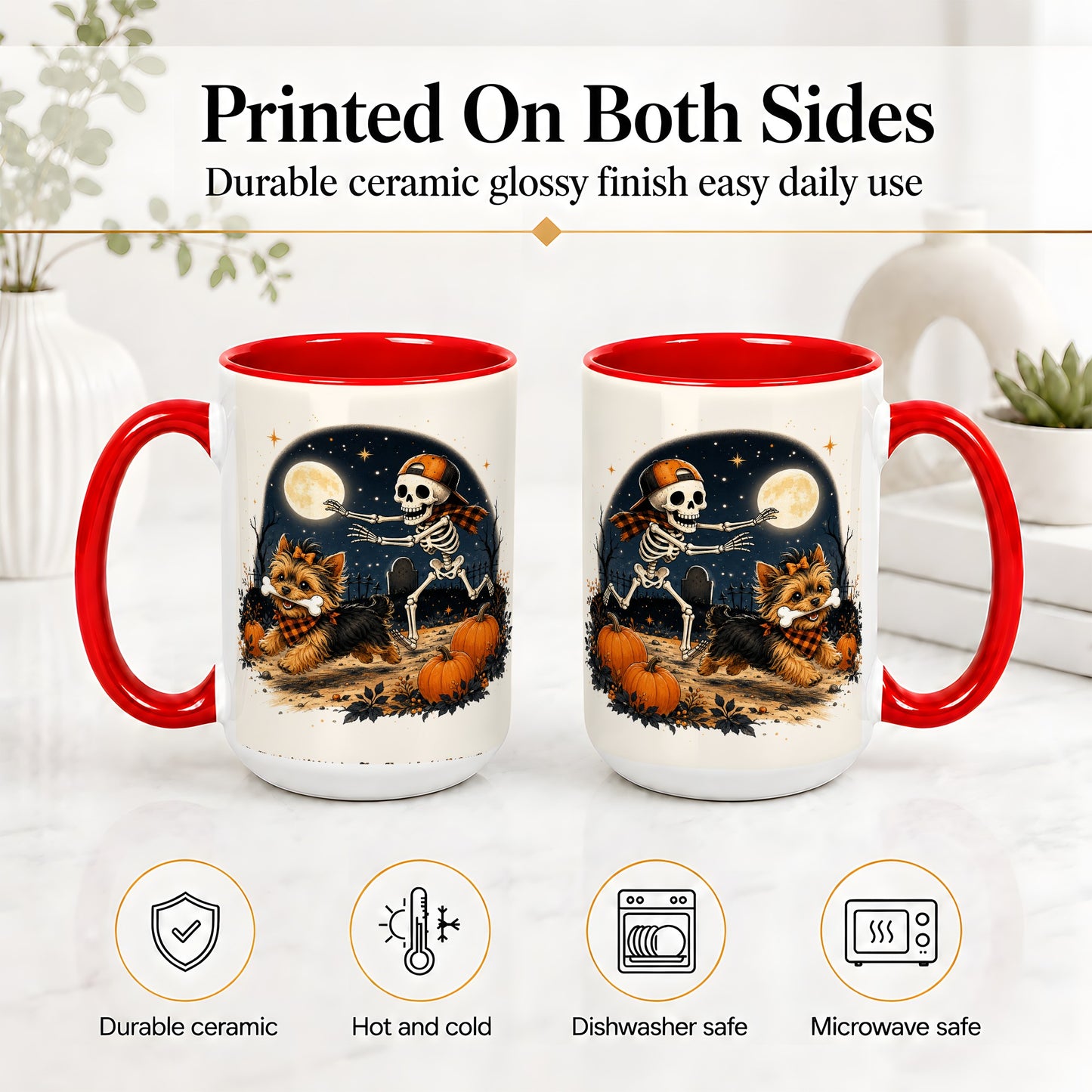 #pl[15oz|Red] Midnight Yorkie Skeleton Ceramic Mug, Halloween Art for Dog Lovers