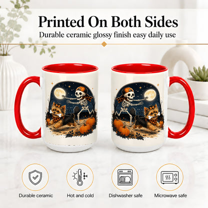 #pl[15oz|Red] Midnight Yorkie Skeleton Ceramic Mug, Halloween Art for Dog Lovers