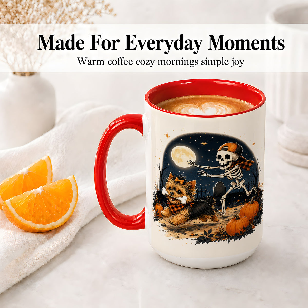 #pl[15oz|Red] Midnight Yorkie Skeleton Ceramic Mug, Halloween Art for Dog Lovers