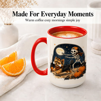 #pl[15oz|Red] Midnight Yorkie Skeleton Ceramic Mug, Halloween Art for Dog Lovers
