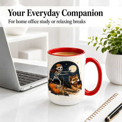 #pl[15oz|Red] Midnight Yorkie Skeleton Ceramic Mug, Halloween Art for Dog Lovers