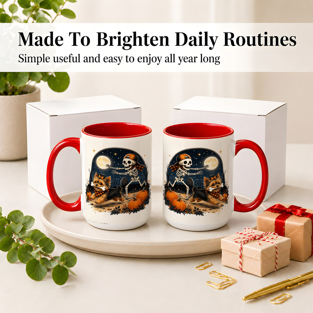 #pl[15oz|Red] Midnight Yorkie Skeleton Ceramic Mug, Halloween Art for Dog Lovers