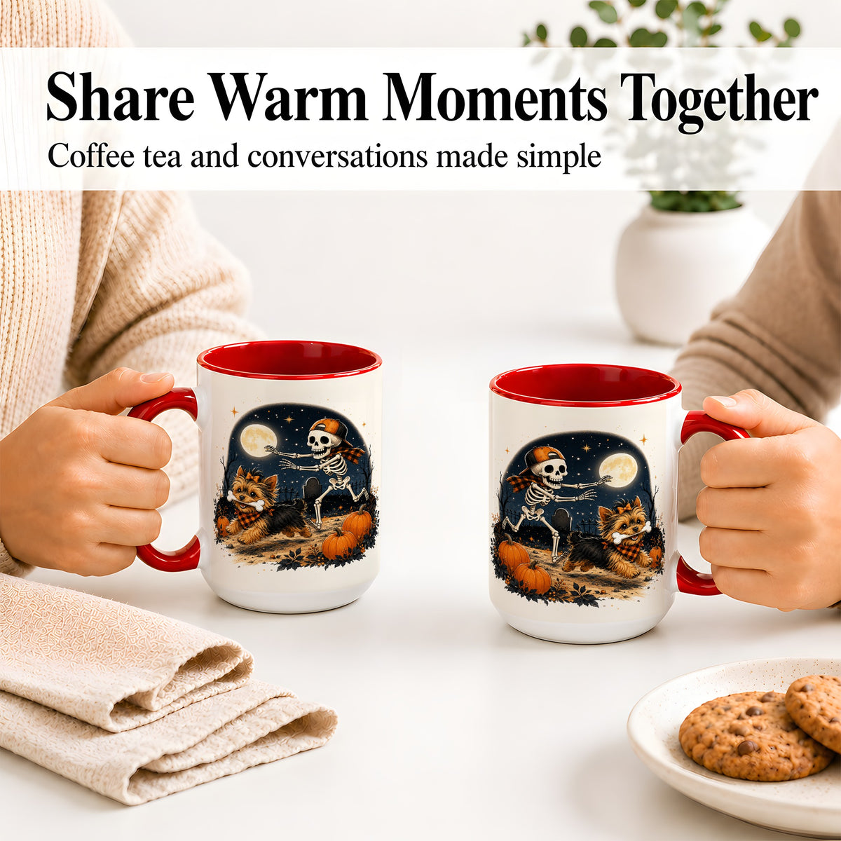 #pl[15oz|Red] Midnight Yorkie Skeleton Ceramic Mug, Halloween Art for Dog Lovers