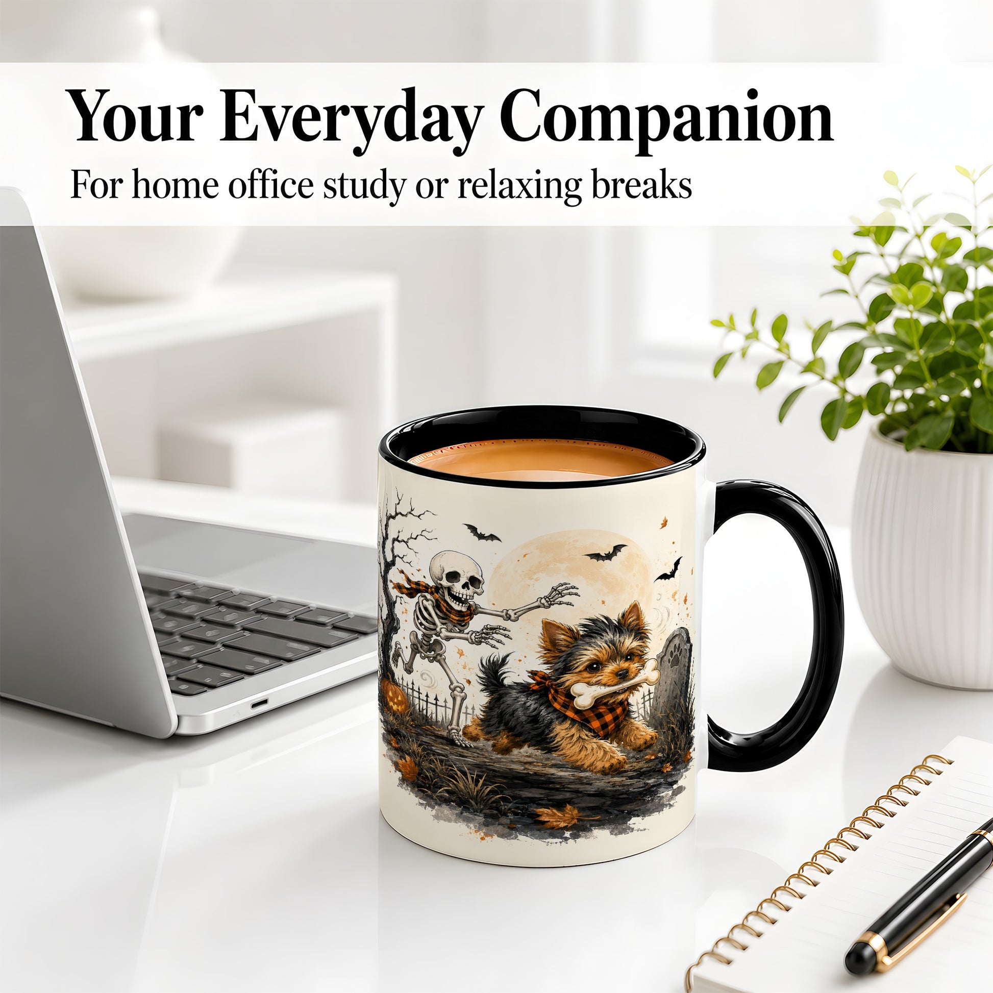#pl[11oz|Black] Halloween Yorkie Ceramic Mug, Skeleton Graveyard Dog Artwork