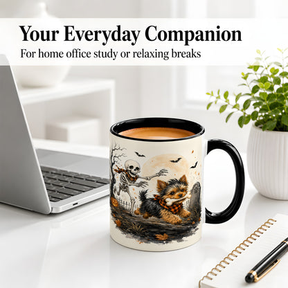 #pl[11oz|Black] Halloween Yorkie Ceramic Mug, Skeleton Graveyard Dog Artwork