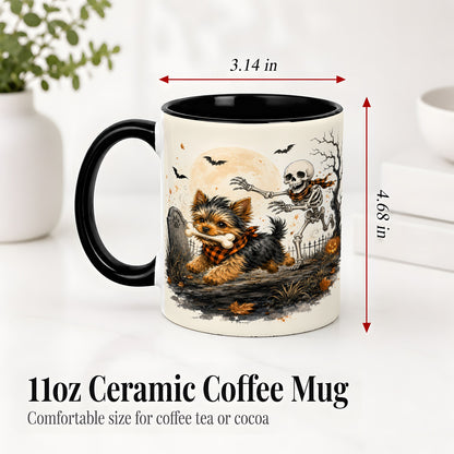 #pl[11oz|Black] Halloween Yorkie Ceramic Mug, Skeleton Graveyard Dog Artwork