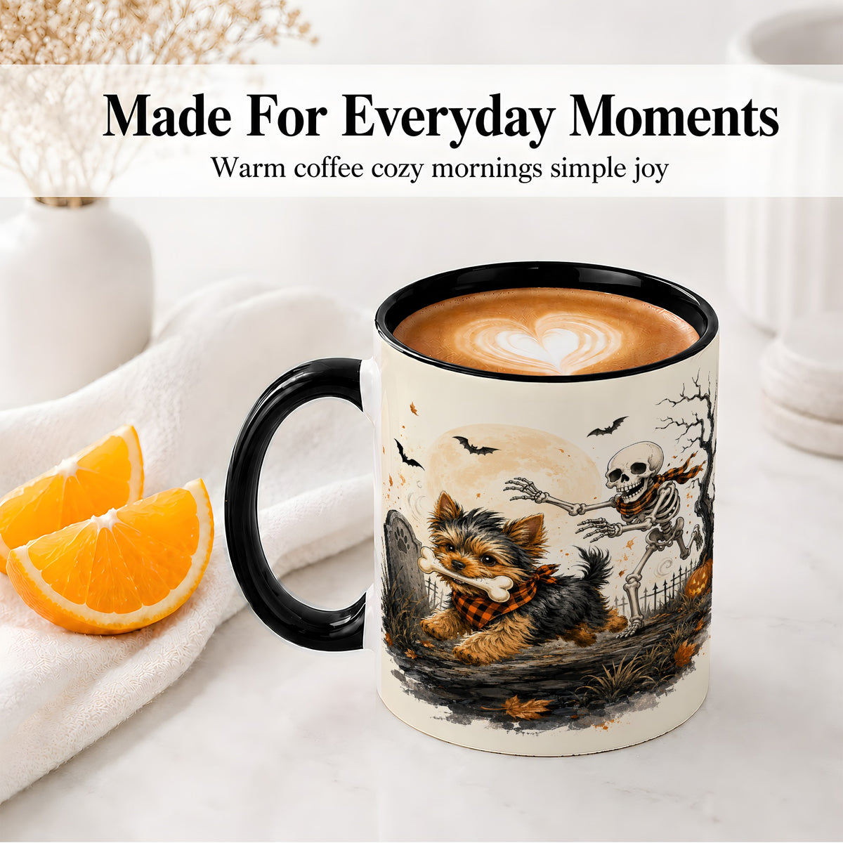 #pl[11oz|Black] Halloween Yorkie Ceramic Mug, Skeleton Graveyard Dog Artwork