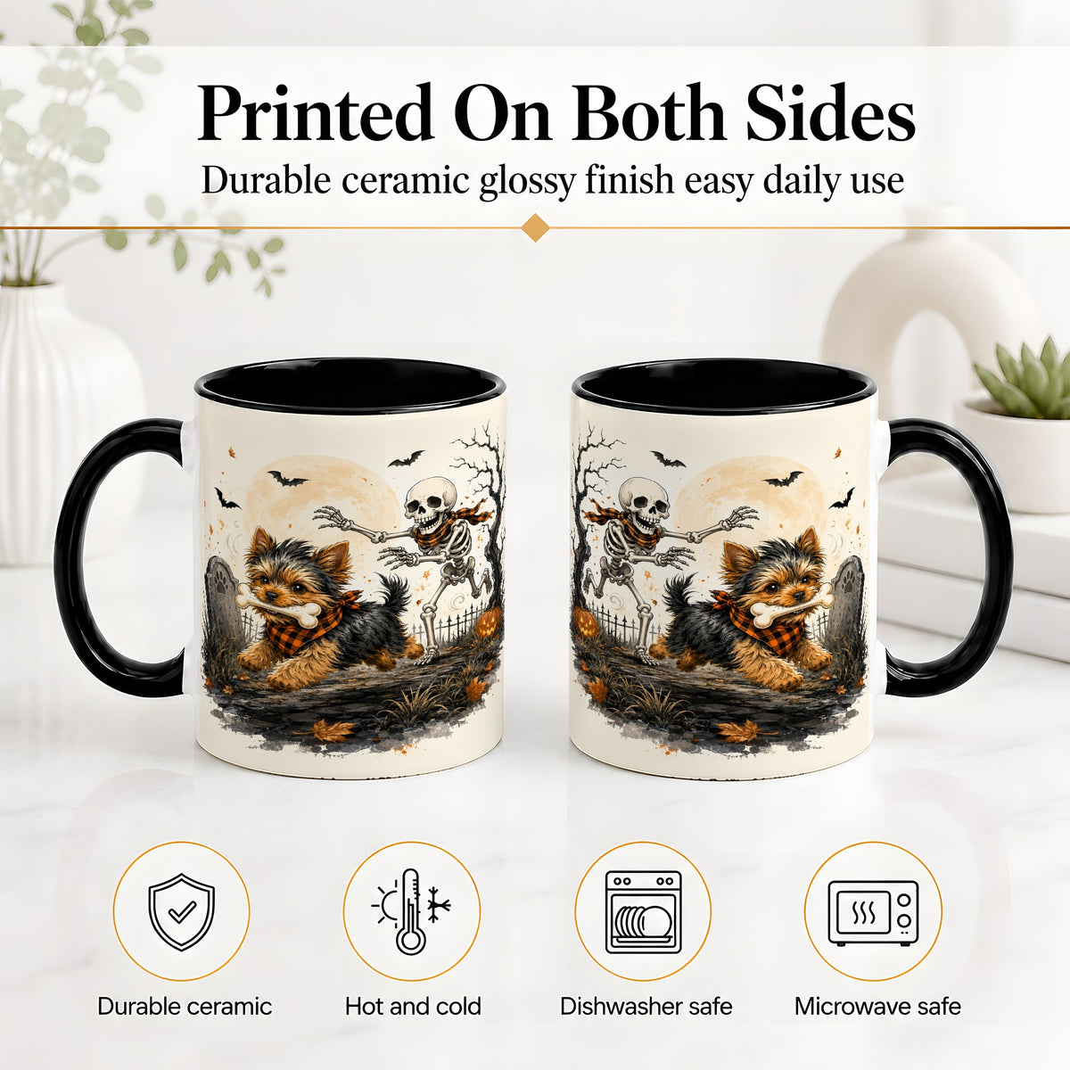 #pl[11oz|Black] Halloween Yorkie Ceramic Mug, Skeleton Graveyard Dog Artwork