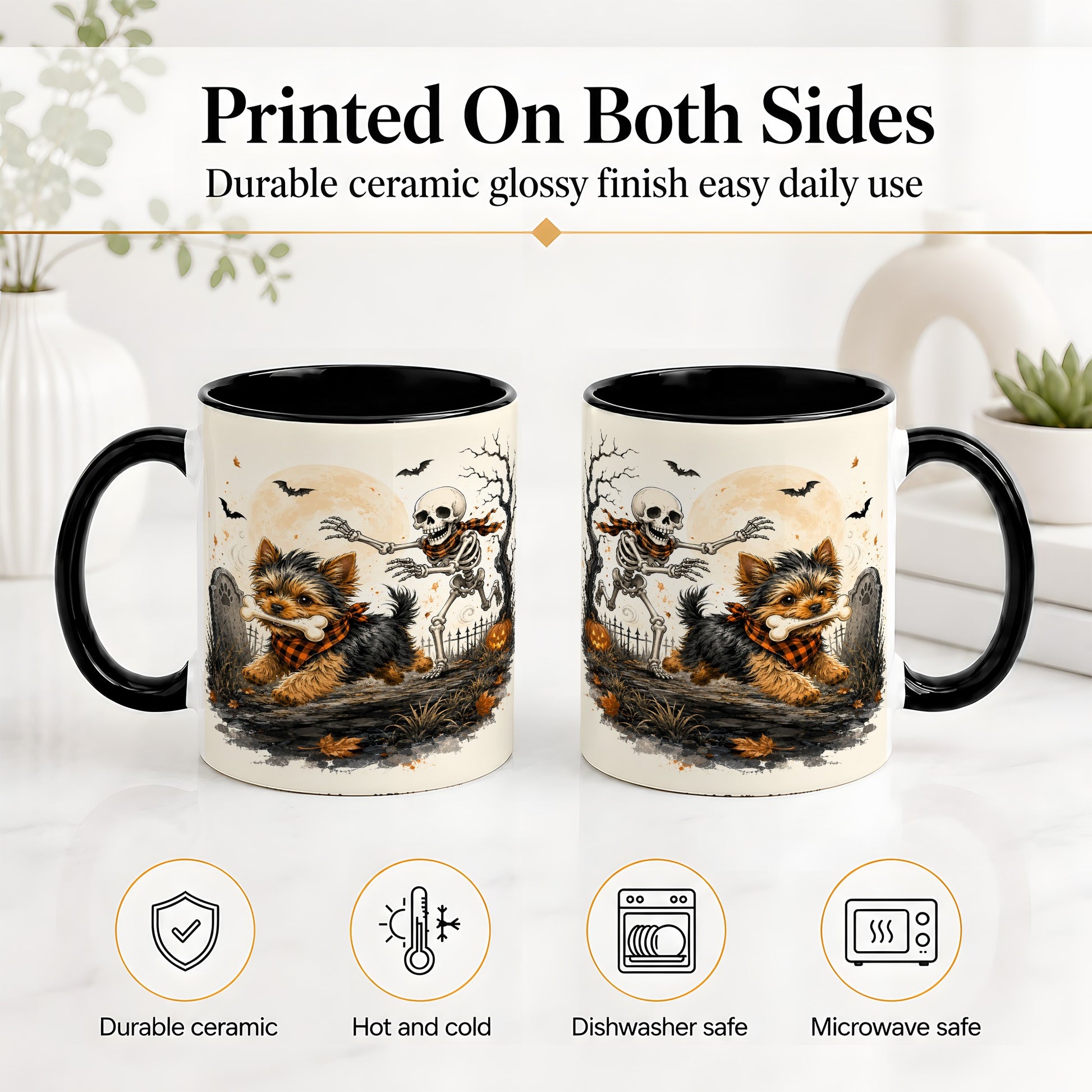#pl[11oz|Black] Halloween Yorkie Ceramic Mug, Skeleton Graveyard Dog Artwork