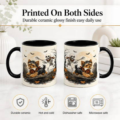 #pl[11oz|Black] Halloween Yorkie Ceramic Mug, Skeleton Graveyard Dog Artwork