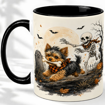 #pl[11oz|Black] Halloween Yorkie Ceramic Mug, Skeleton Graveyard Dog Artwork