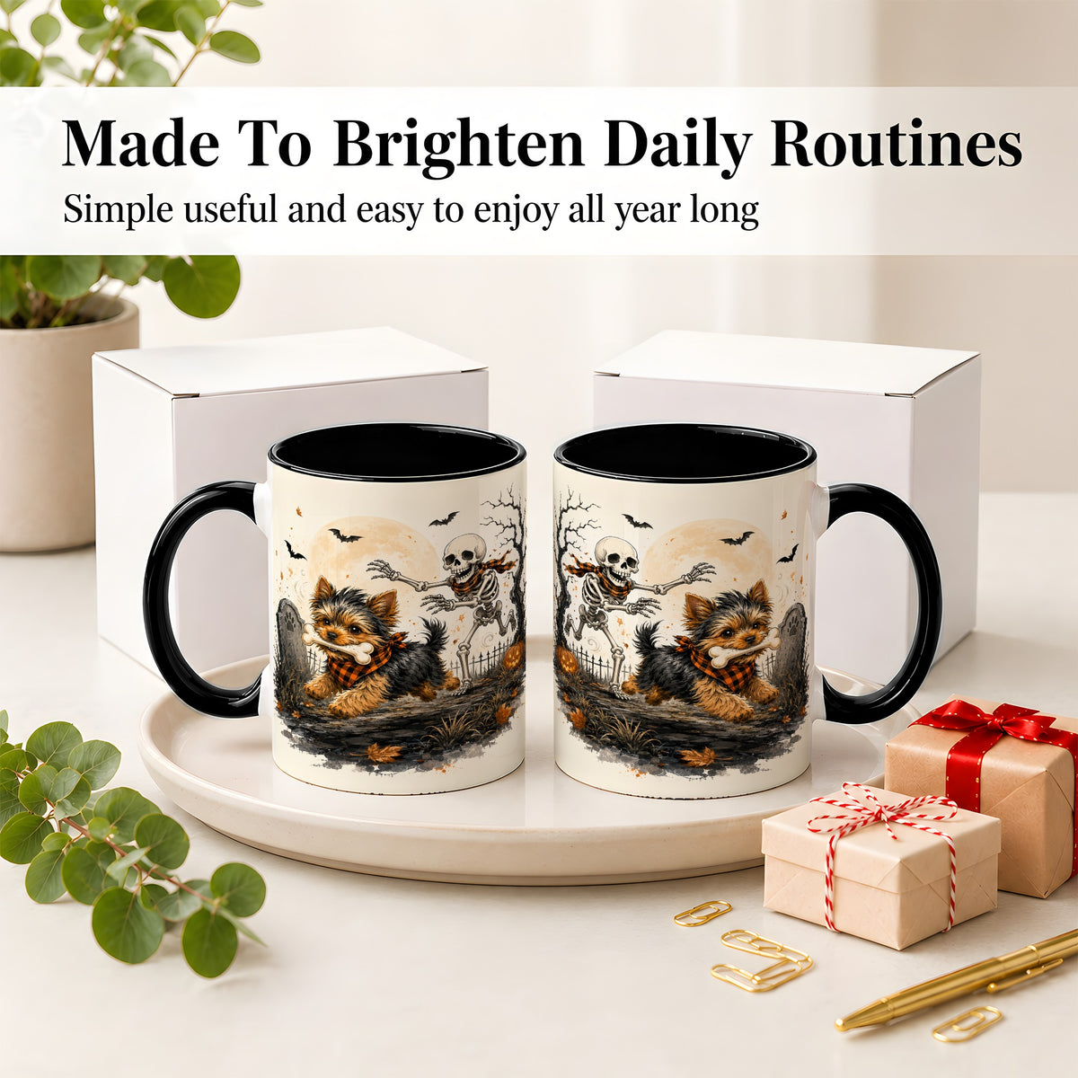 #pl[11oz|Black] Halloween Yorkie Ceramic Mug, Skeleton Graveyard Dog Artwork